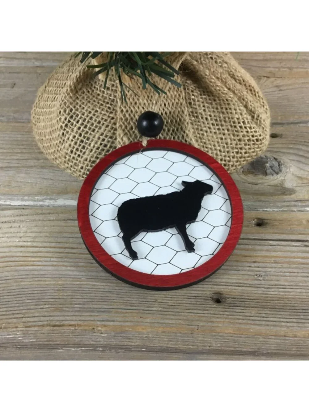 Sheep Rustic Farm Christmas Ornament with Laser-Cut Chicken Wire Pattern